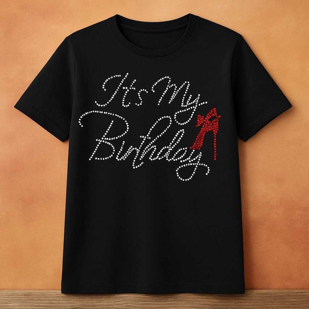It’s My Birthday Rhinestone T-Shirt – Black Sparkle Tee with Red Heel